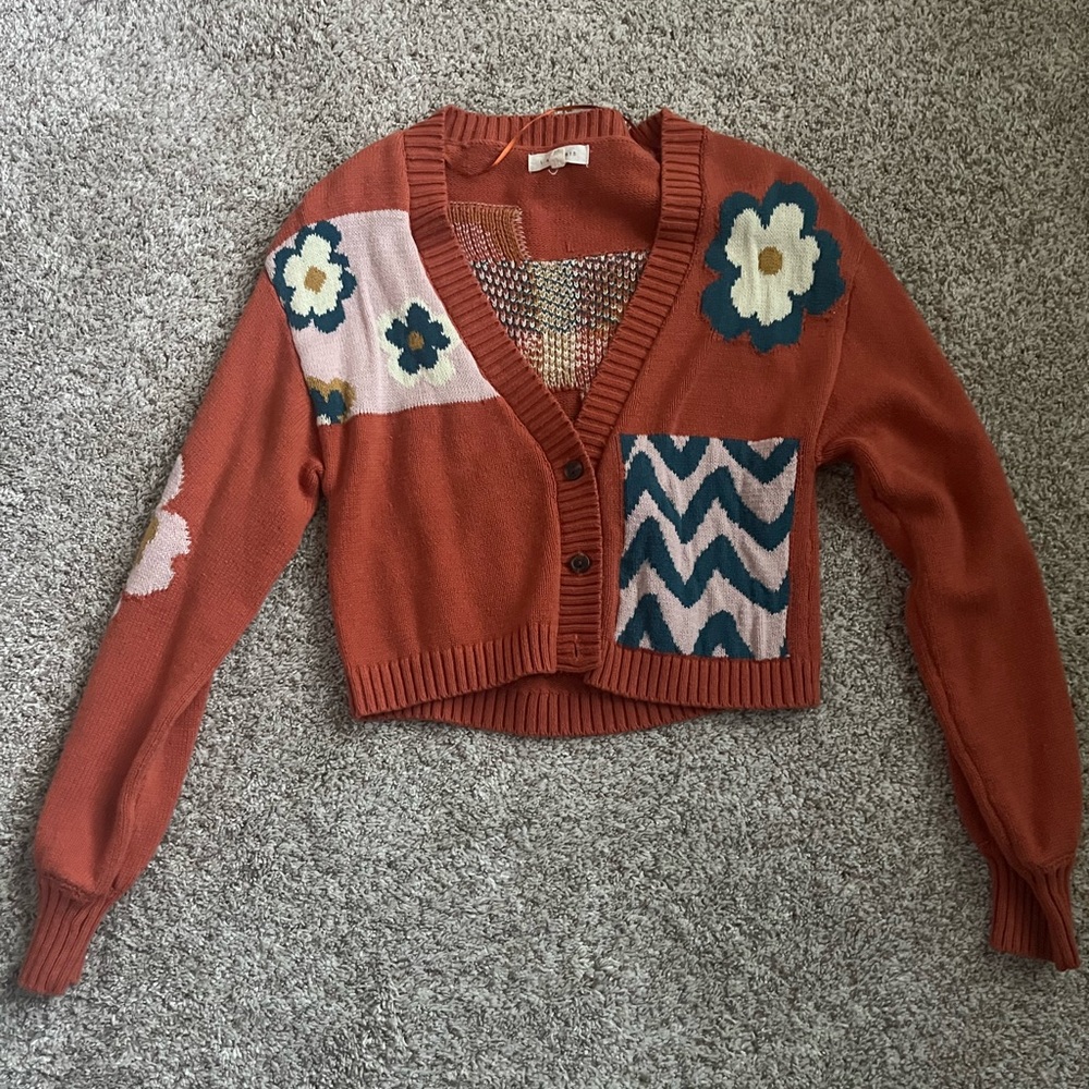 La Hearts Floral and Chevron Cardigan - Rust and Pink